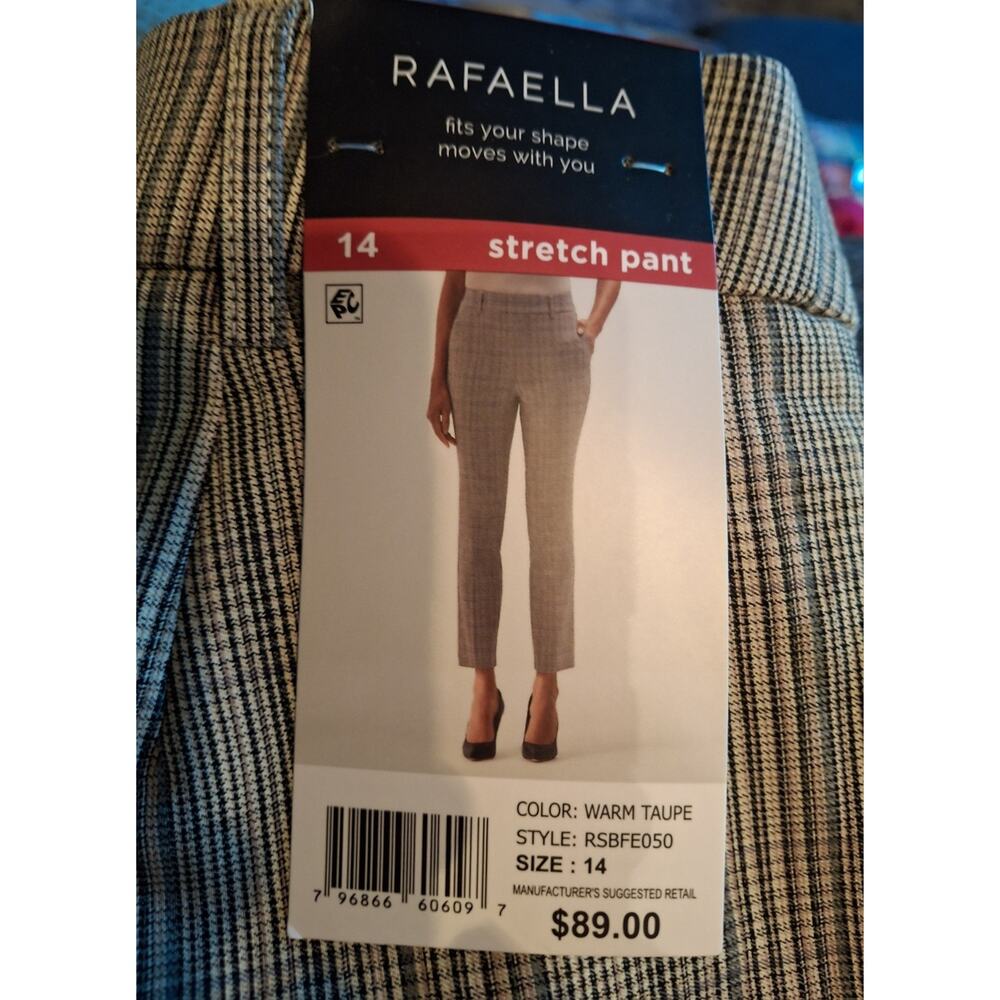 Rafaella Women's Sz 14 Stretch Pants Pull On PLAID WITH Pockets Warm Taupe NWT